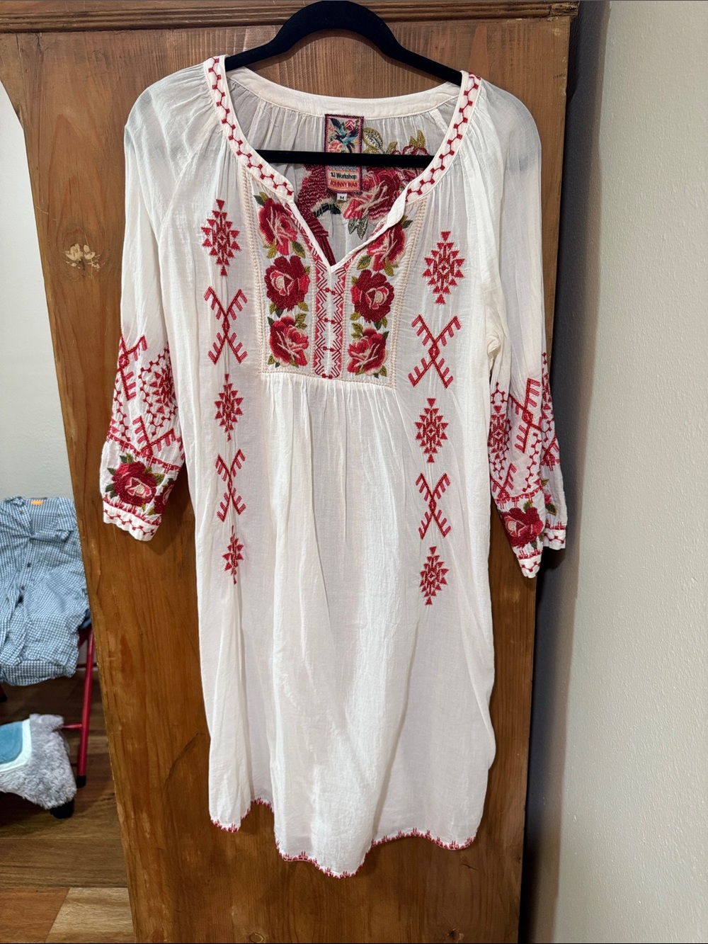 Johnny Was White Blouse with Red Floral and Bird Embroidery